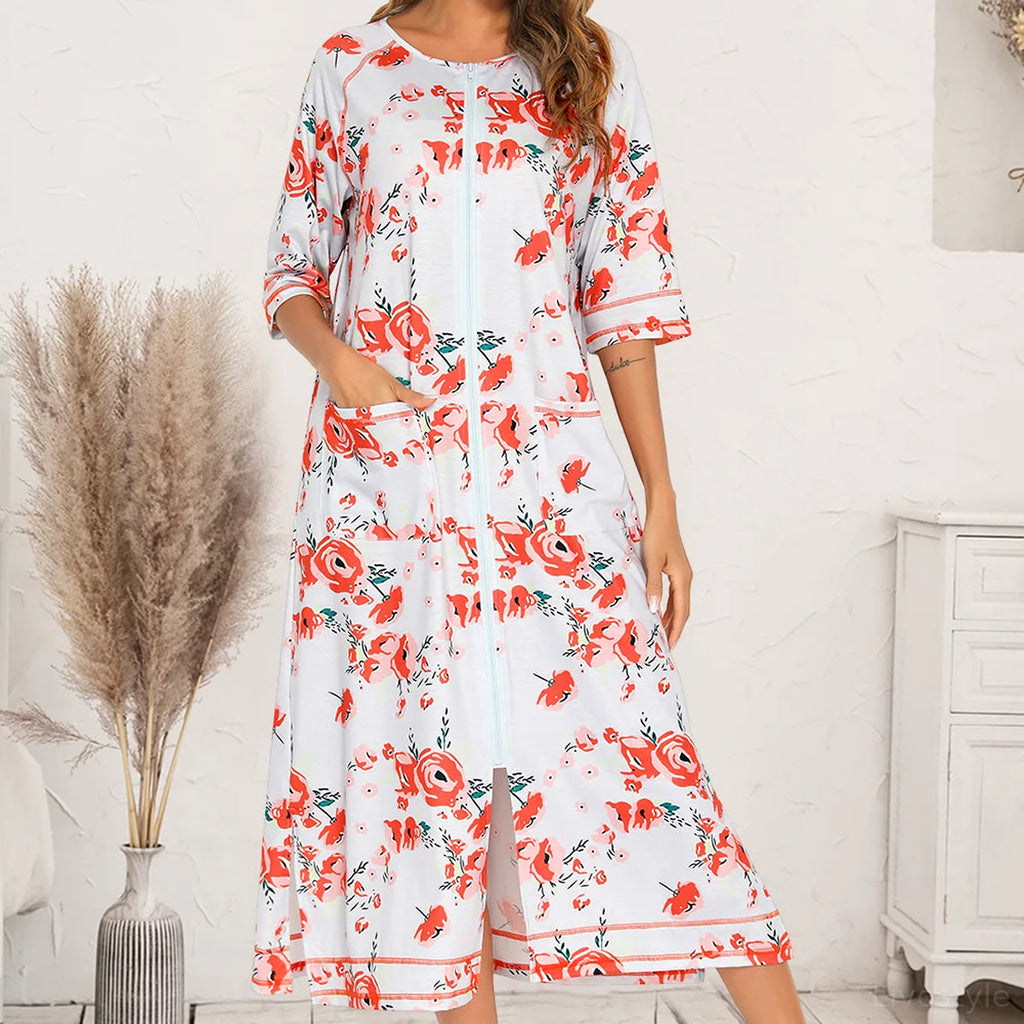 Printed Slit Midi Night Dress with Pockets