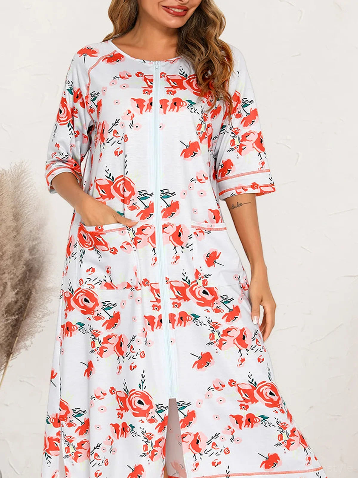 Printed Slit Midi Night Dress with Pockets