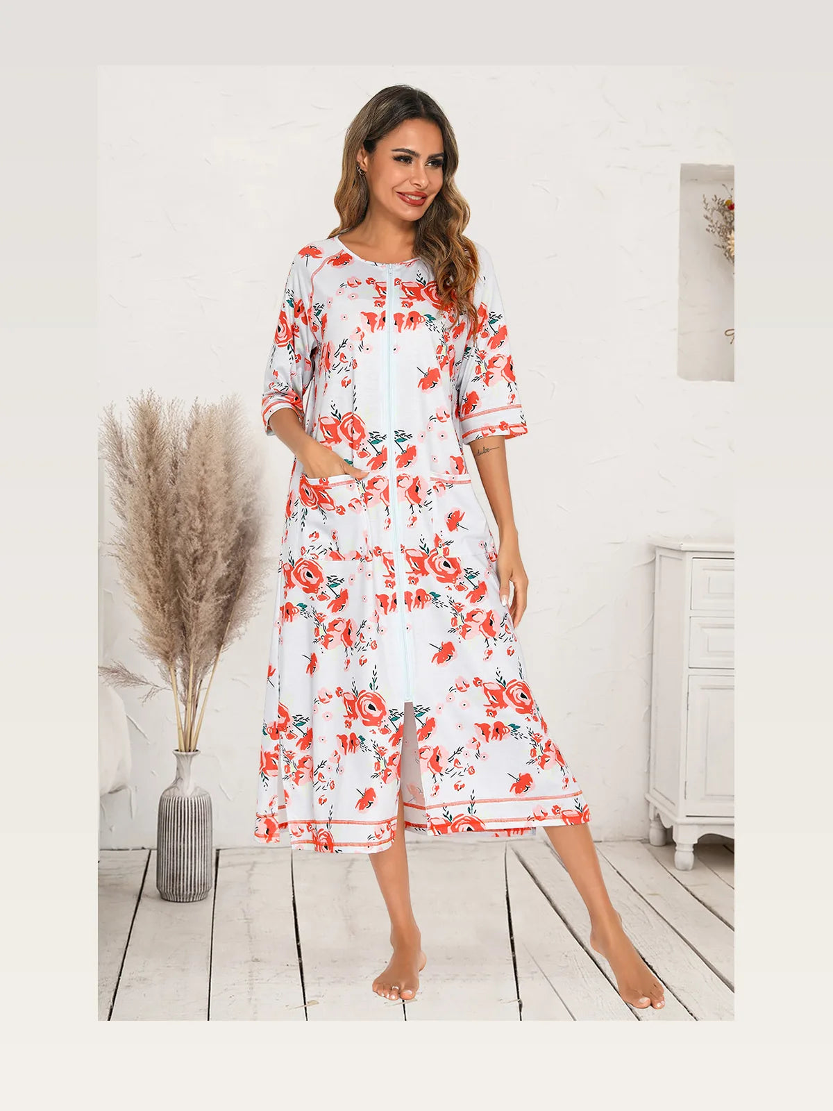 Printed Slit Midi Night Dress with Pockets