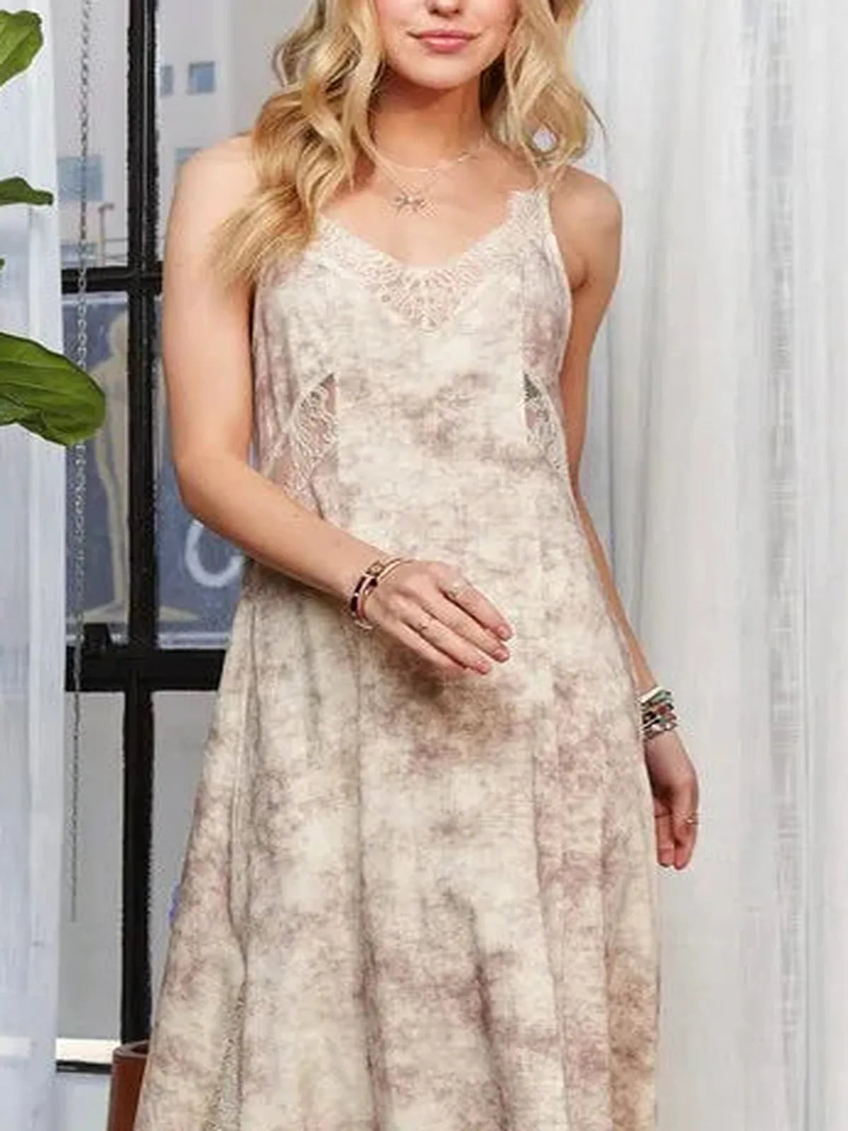 Lace Trim Midi Dress with Spaghetti Straps