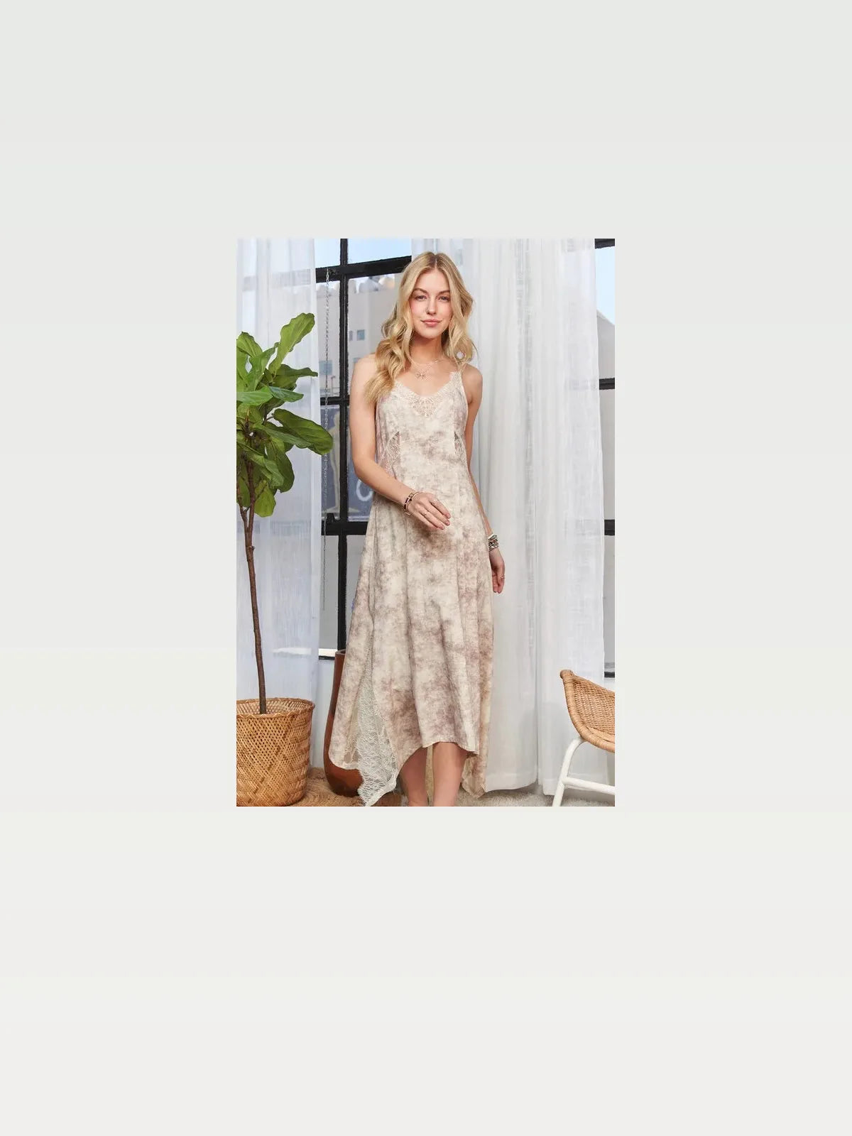Lace Trim Midi Dress with Spaghetti Straps