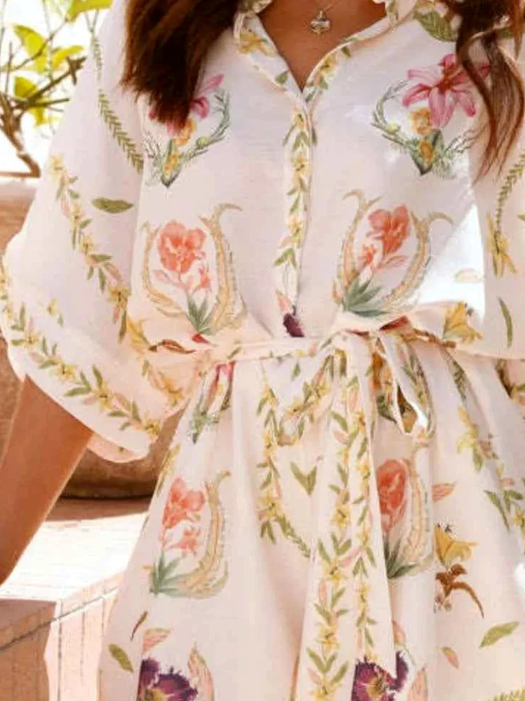 Printed Tie Waist Half Sleeve Button-Down Romper