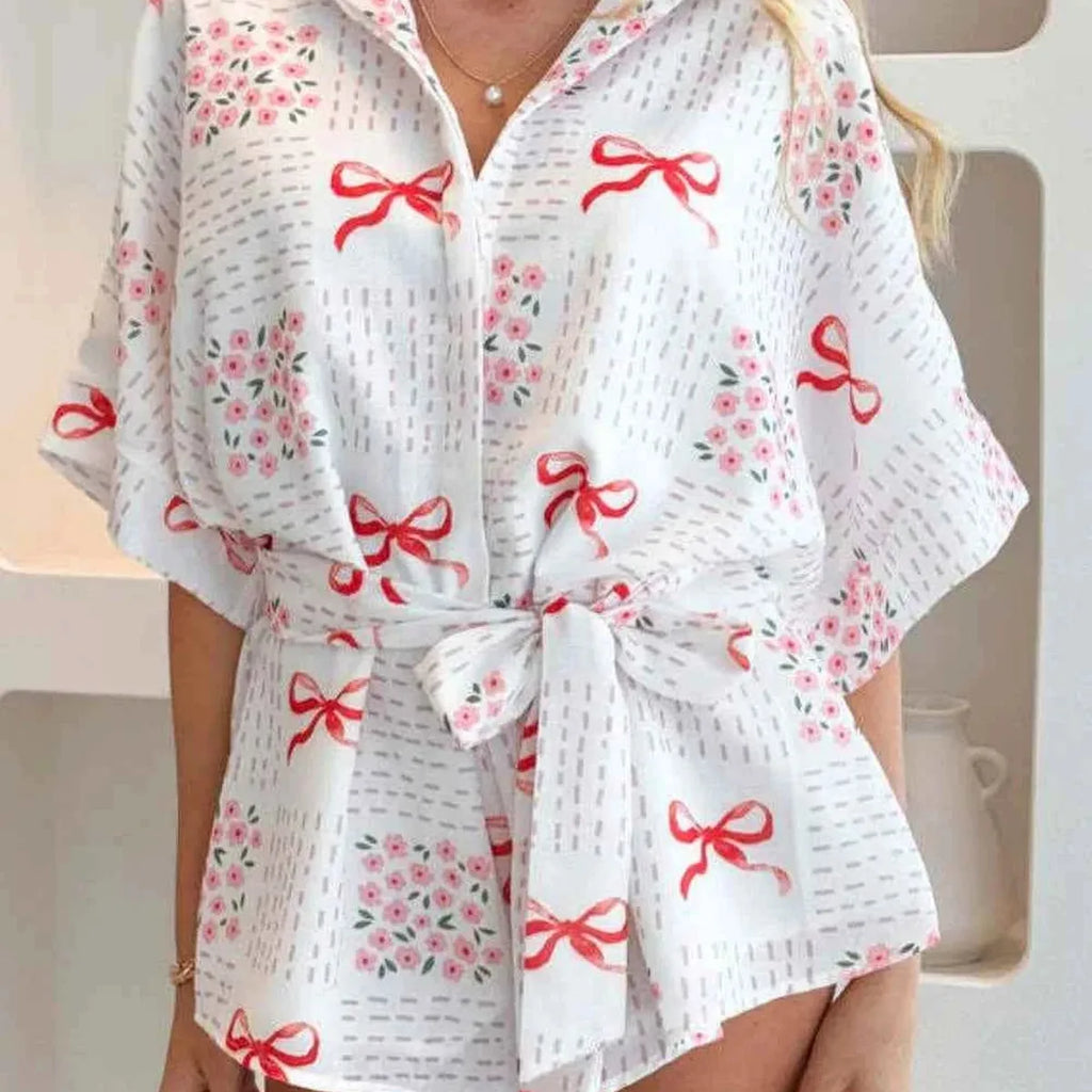Printed Collared Tie Waist Short Sleeve Romper
