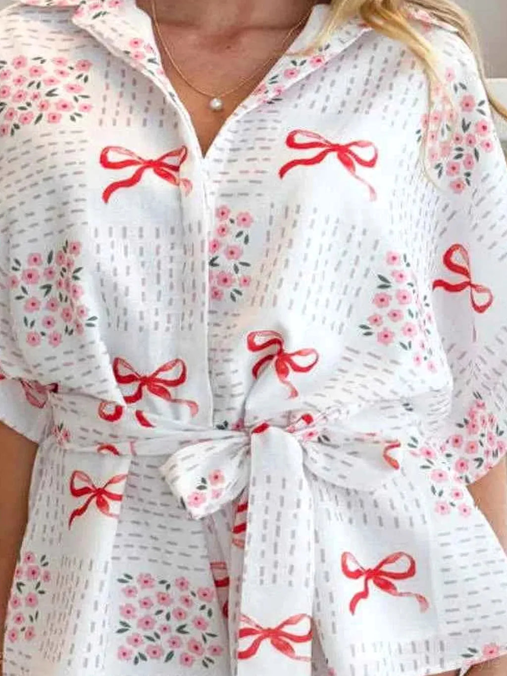 Printed Collared Tie Waist Short Sleeve Romper