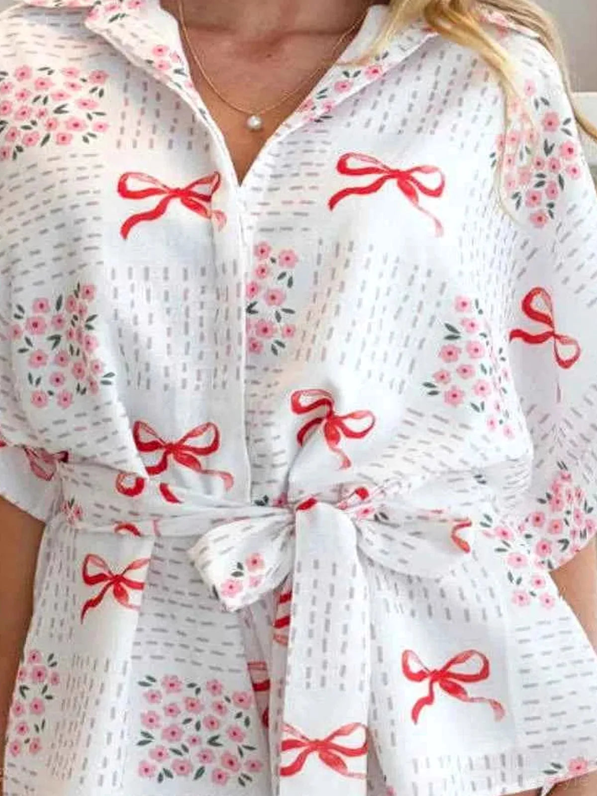 Printed Collared Tie Waist Short Sleeve Romper
