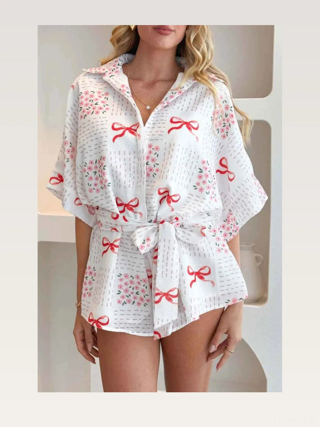 Printed Collared Tie Waist Short Sleeve Romper