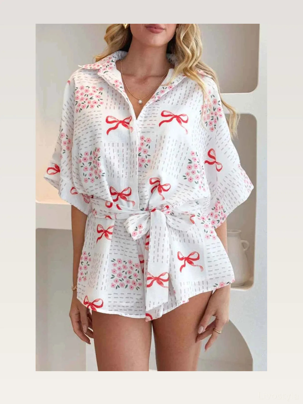 Printed Collared Tie Waist Short Sleeve Romper