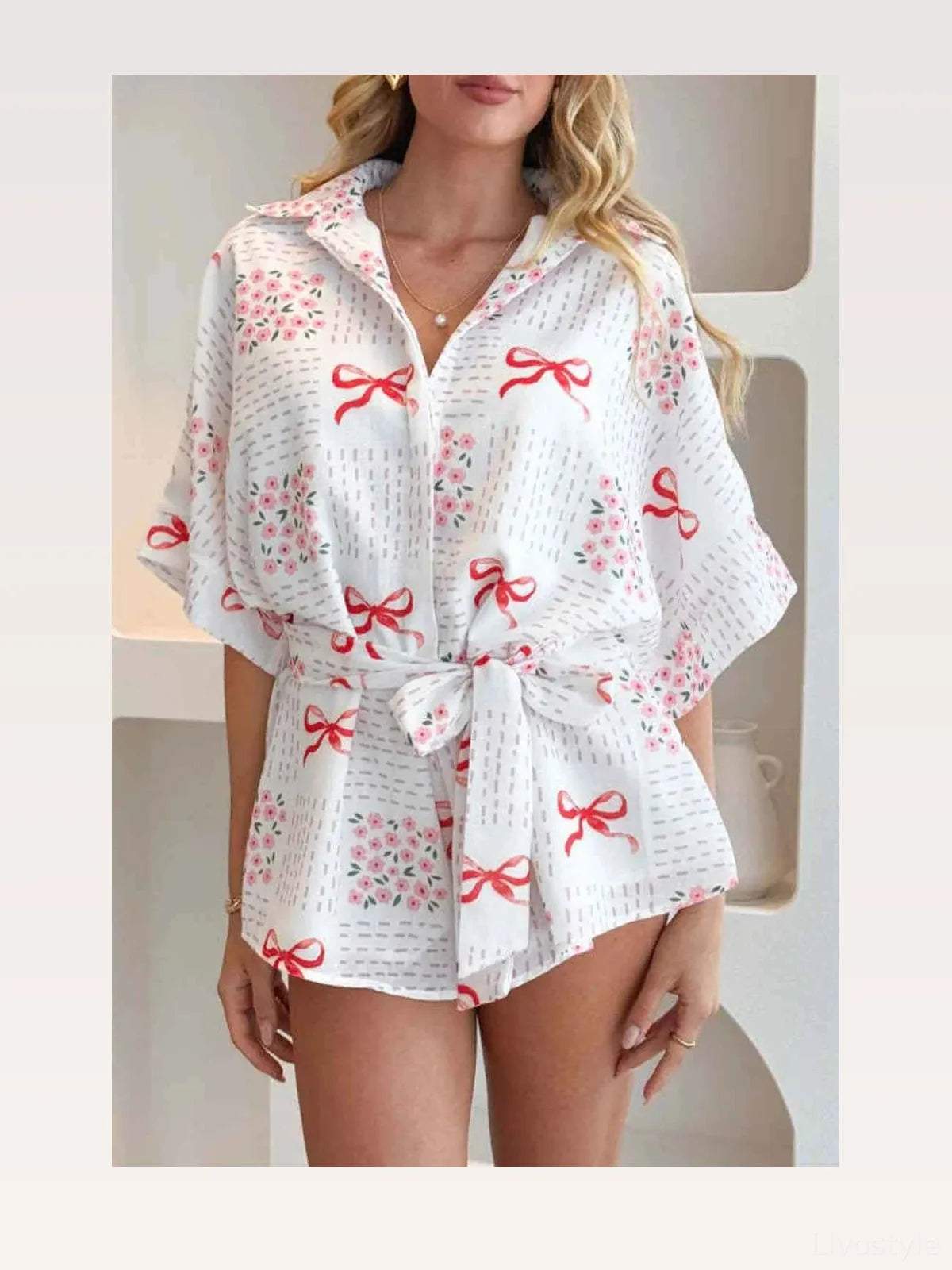 Printed Collared Tie Waist Short Sleeve Romper