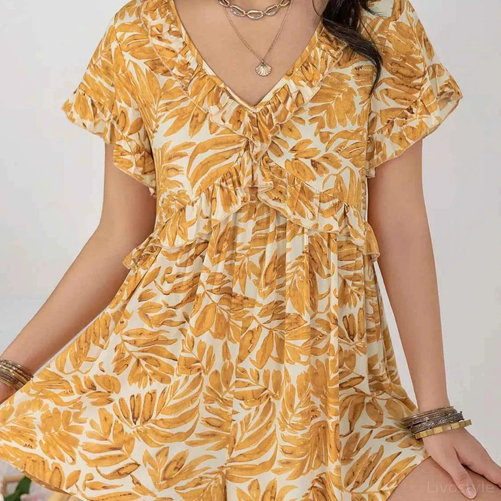 Leaf Print Ruffled V-Neck Short Sleeve Romper