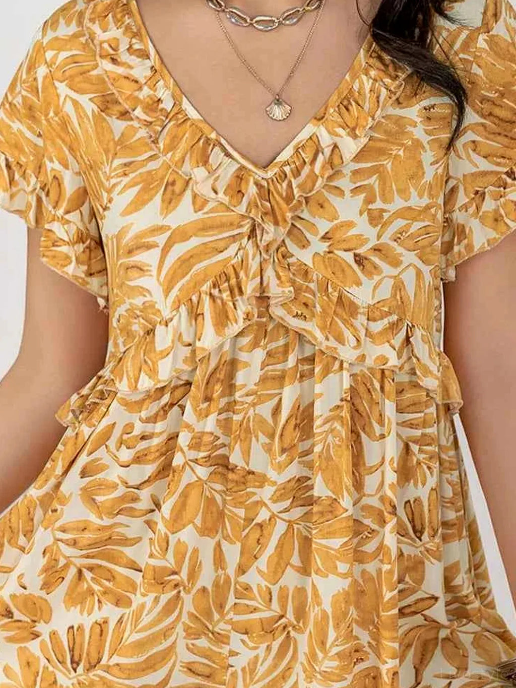 Leaf Print Ruffled V-Neck Short Sleeve Romper
