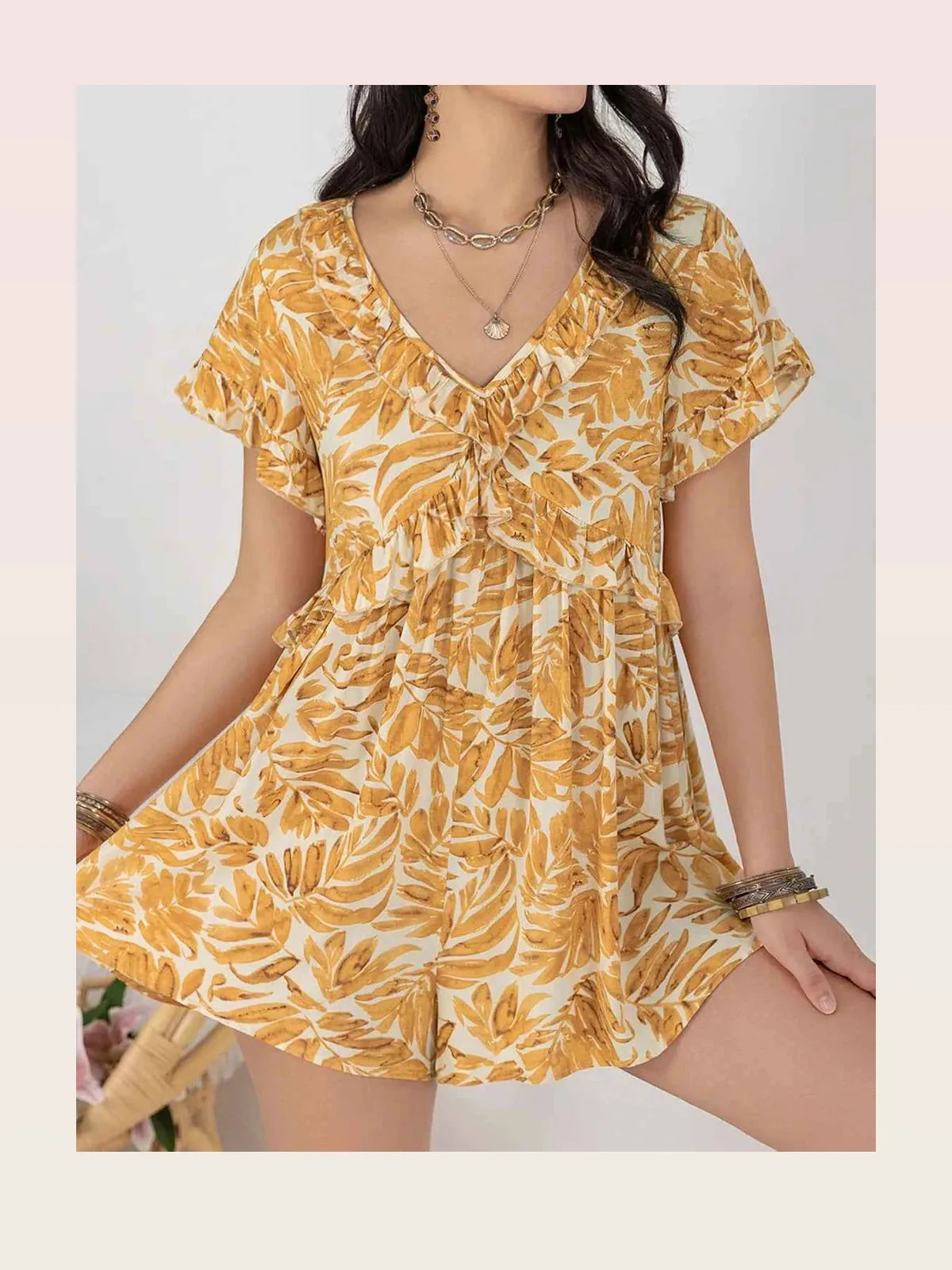 Leaf Print Ruffled V-Neck Short Sleeve Romper