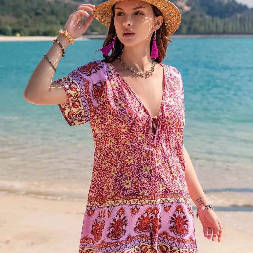 Printed V-Neck Short Sleeve Romper