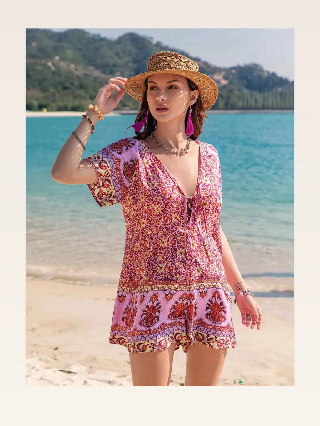 Printed V-Neck Short Sleeve Romper