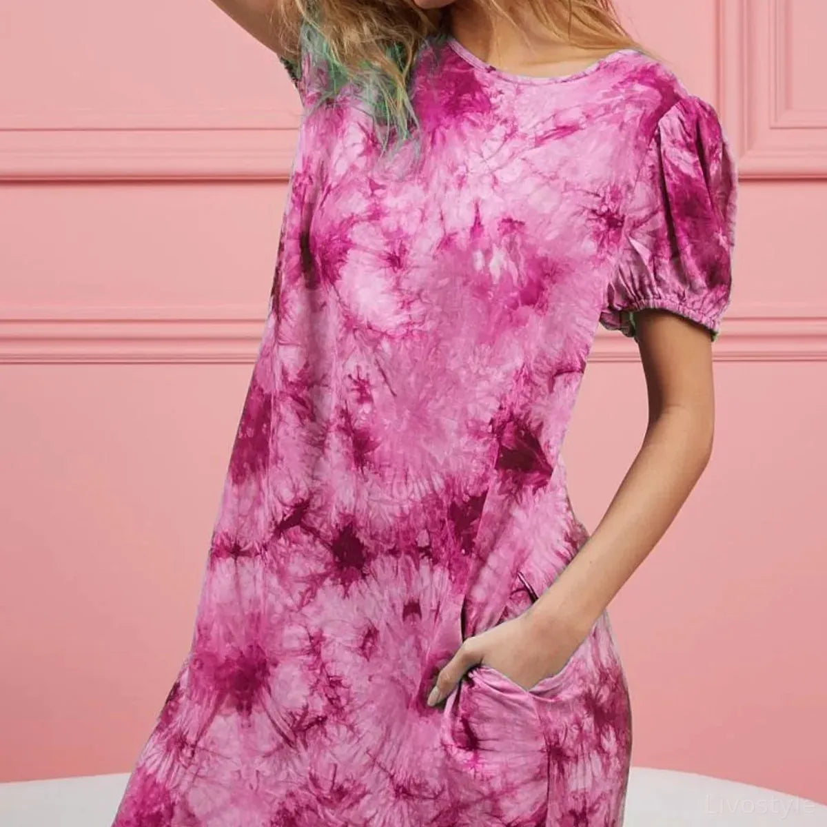 Puff Sleeve Tie Dye T-Shirt Dress with Pockets