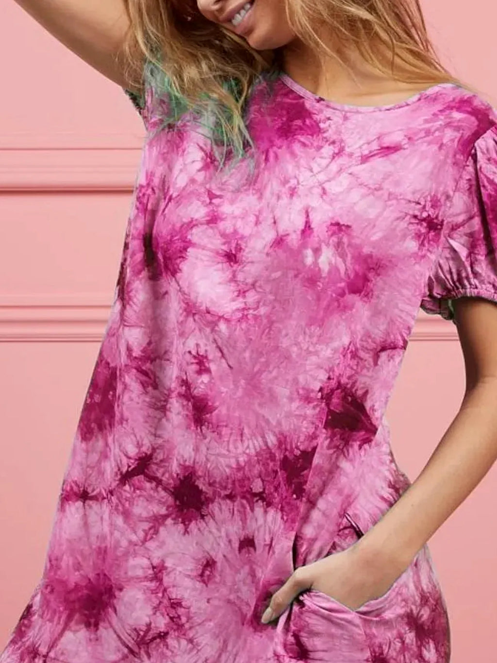 Puff Sleeve Tie Dye T-Shirt Dress with Pockets