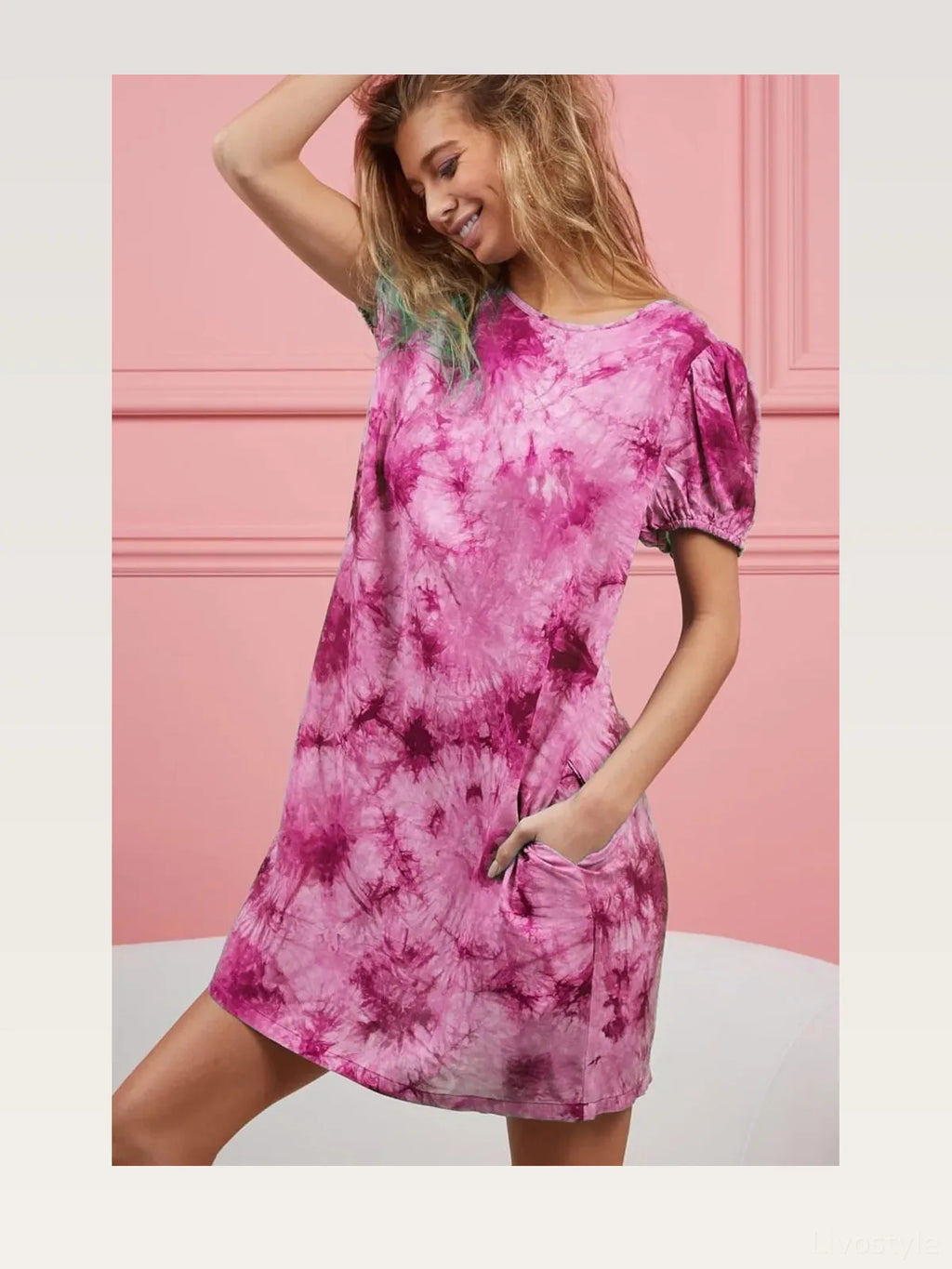 Puff Sleeve Tie Dye T-Shirt Dress with Pockets