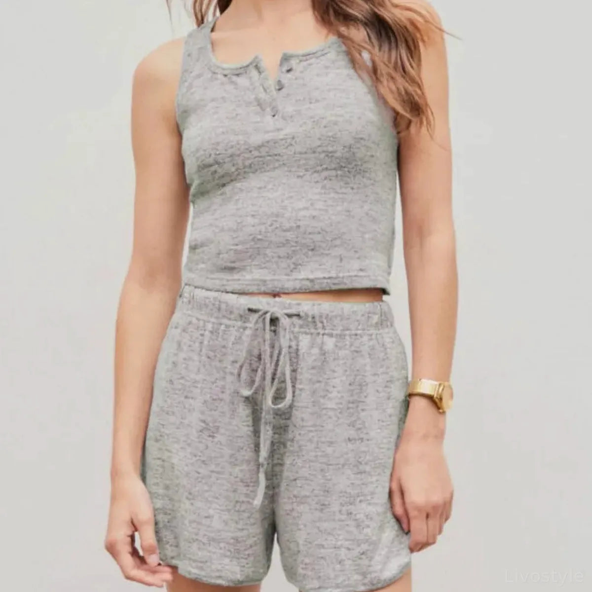 Quarter Button Sleeveless Top and Drawstring Shorts Lounge Set