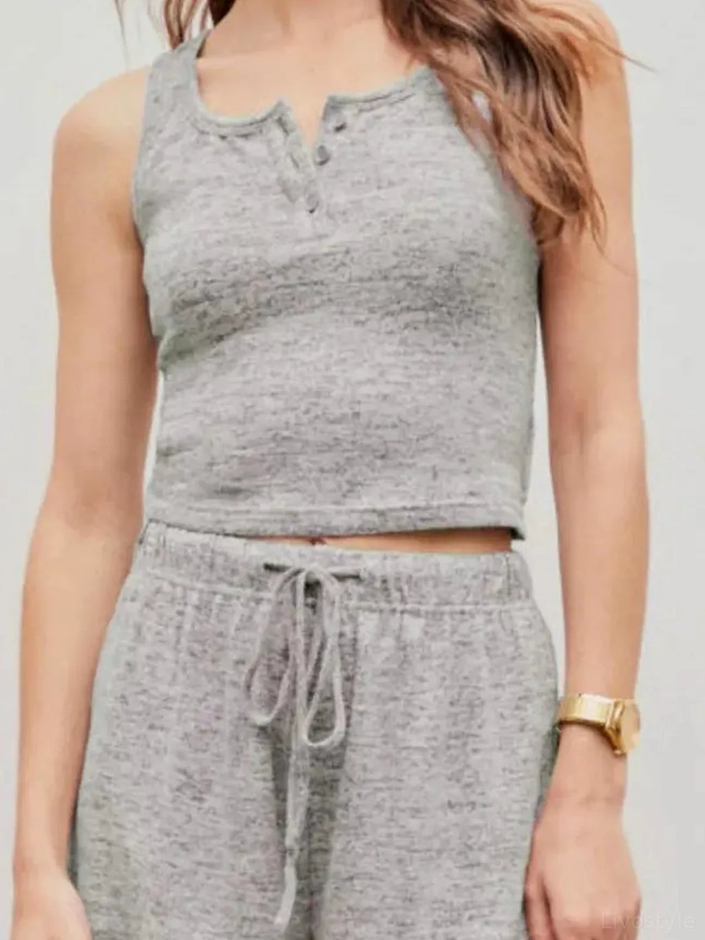 Quarter Button Sleeveless Top and Drawstring Shorts Lounge Set
