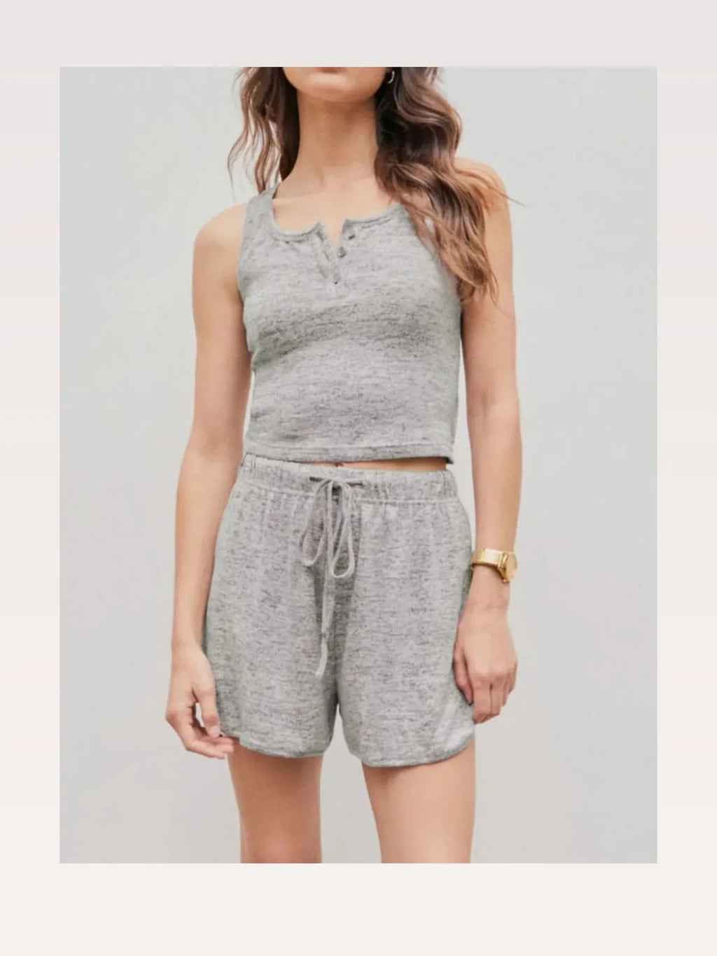 Quarter Button Sleeveless Top and Drawstring Shorts Lounge Set