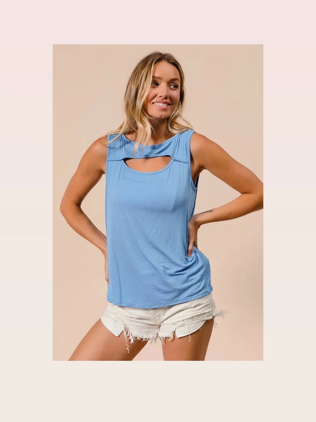 Sleeveless Rayon-Spandex Round Neck Top with Front Cut-Out