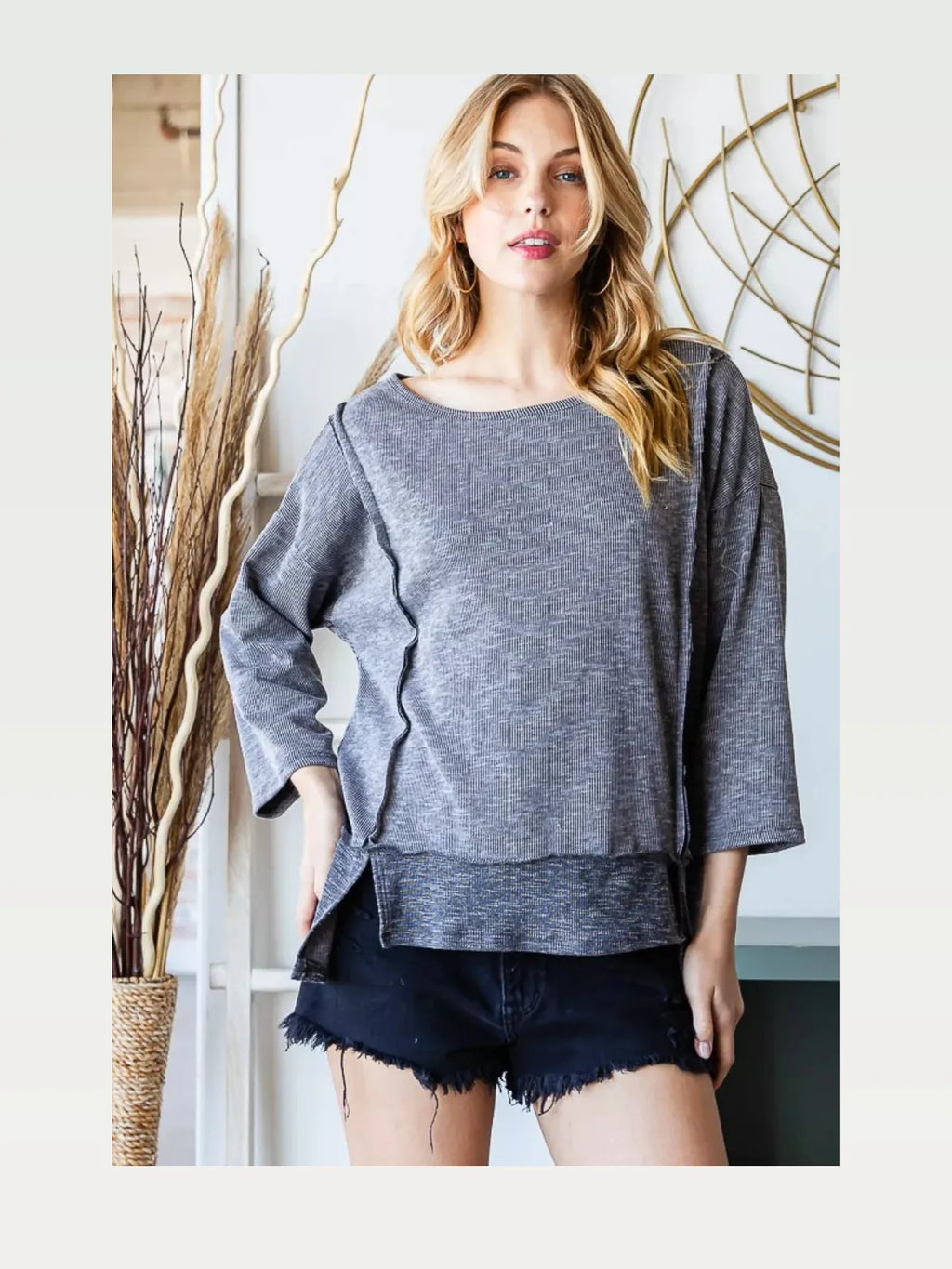 Boat Neck Exposed Seam Top with Side Slits