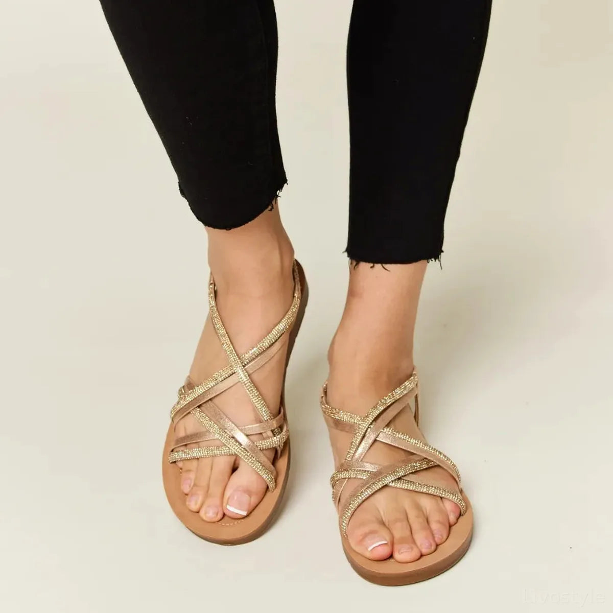 Rhinestone Crisscross Flat Sandals