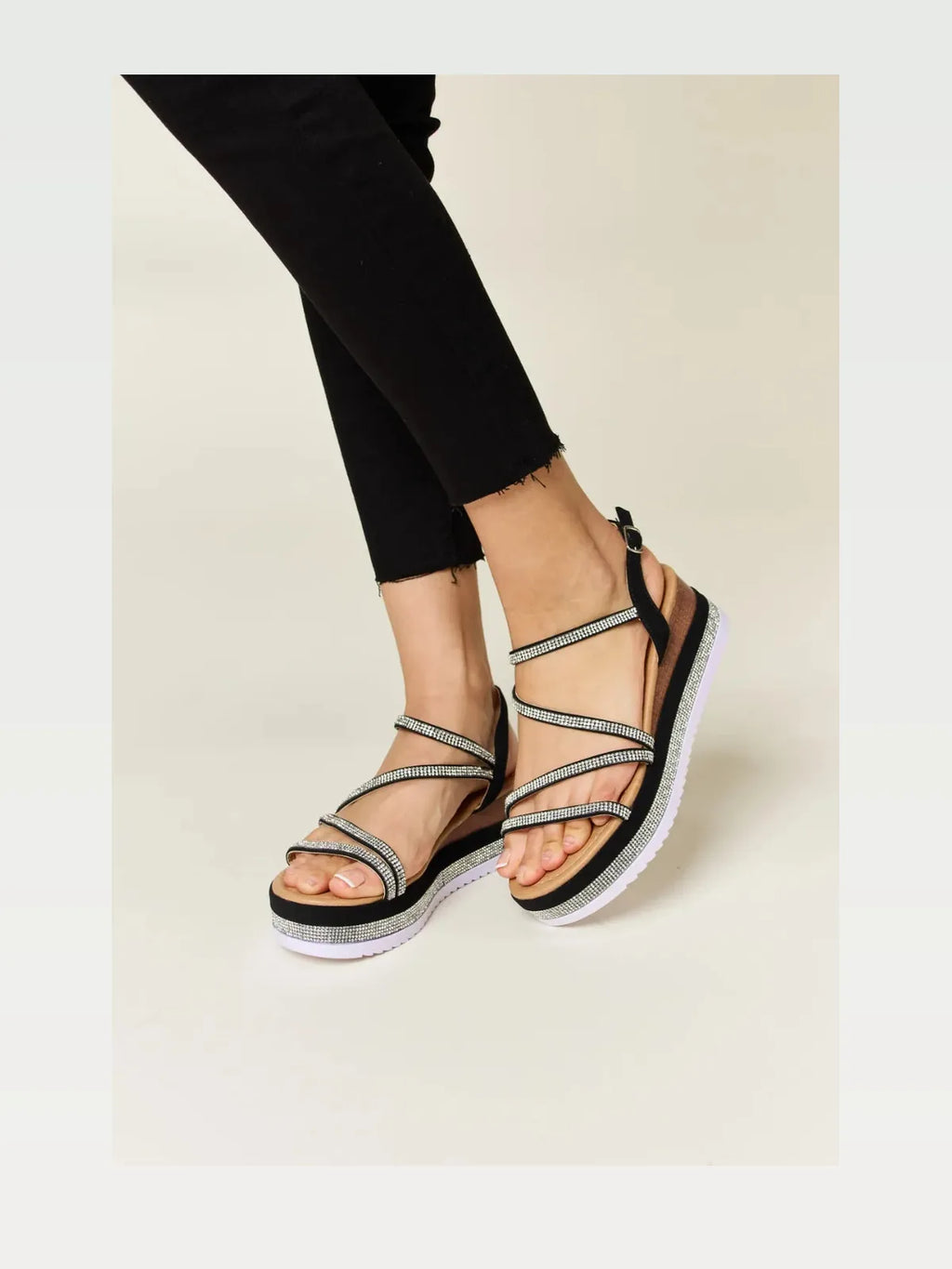 Rhinestone Strappy Wedge Sandals with Ankle Strap