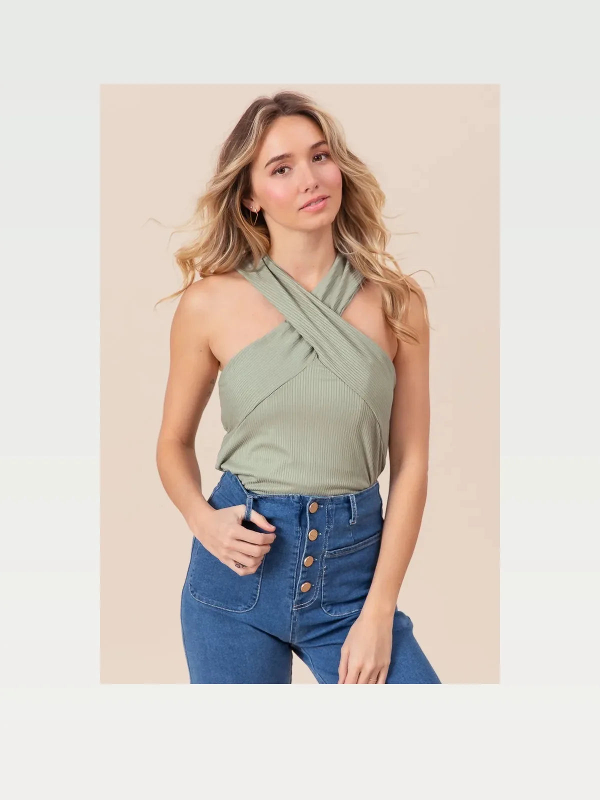 Ribbed Cross Neck Halter Top with Banded Hem
