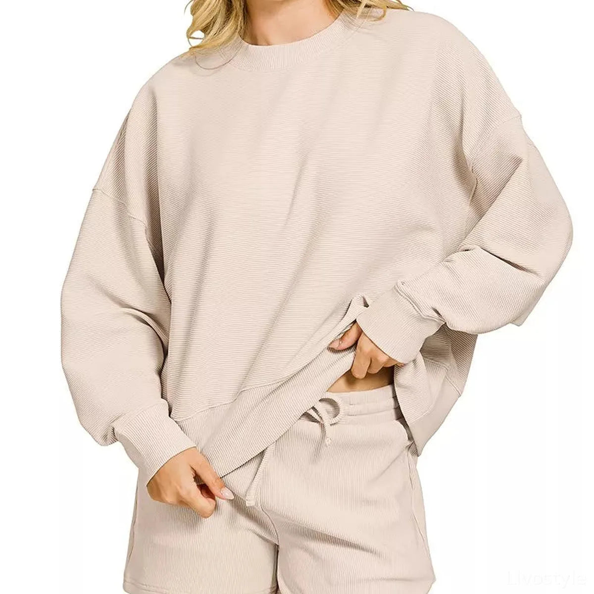 Ribbed Round Neck Pullover and Shorts Set in Sand Beige