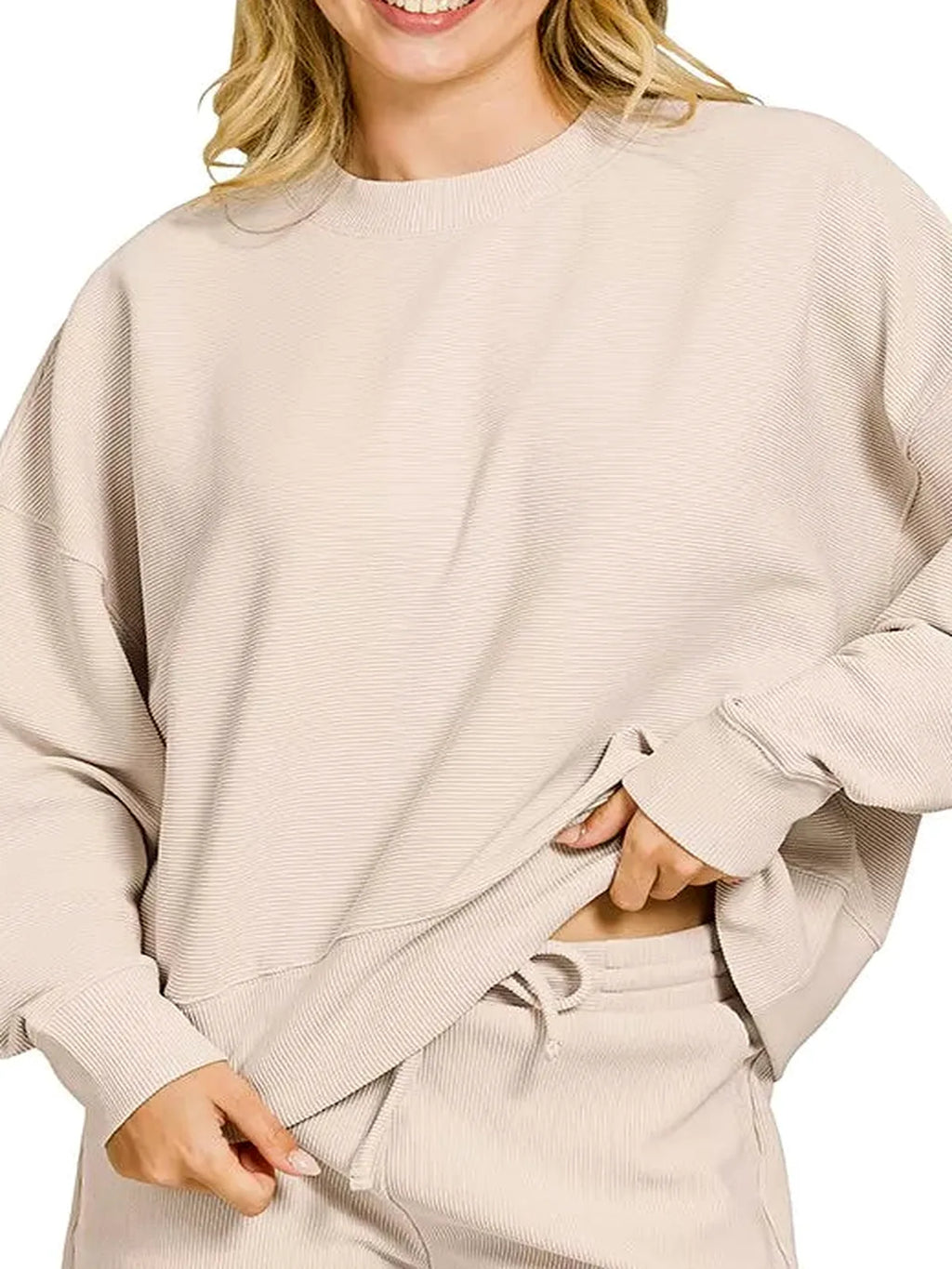 Ribbed Round Neck Pullover and Shorts Set in Sand Beige