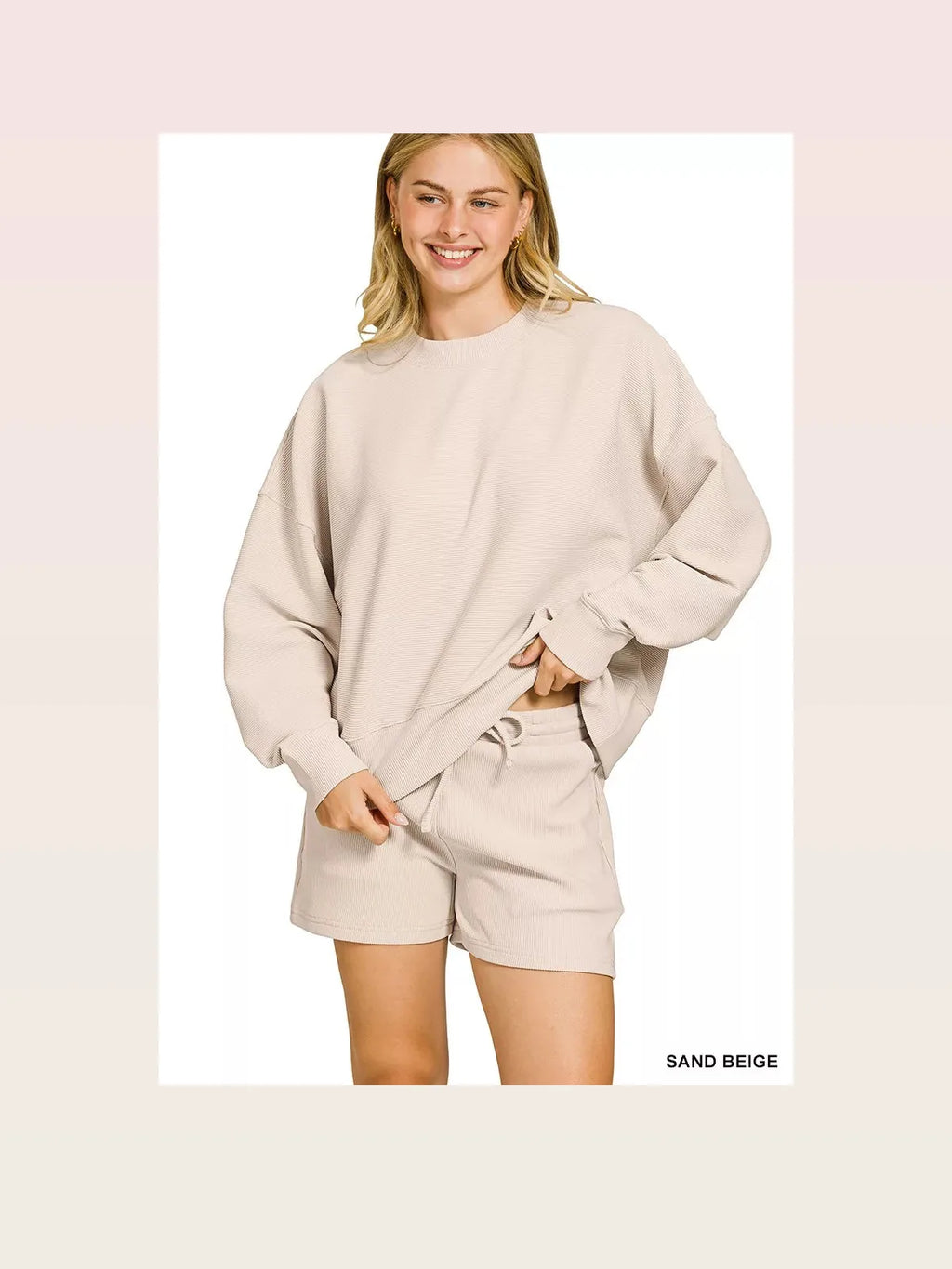 Ribbed Round Neck Pullover and Shorts Set in Sand Beige