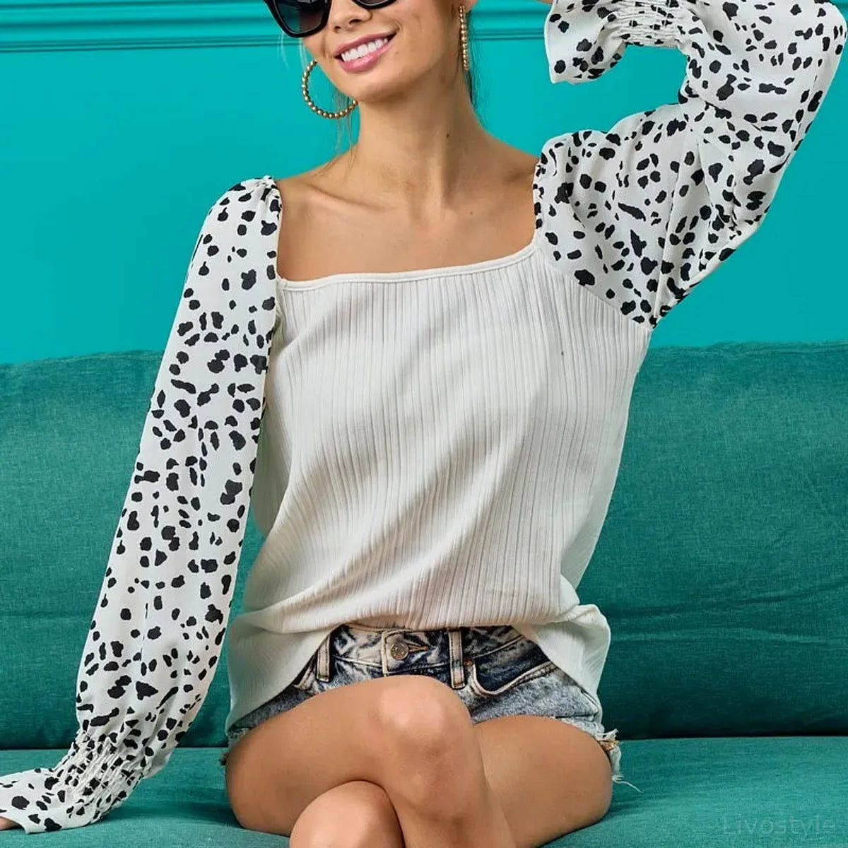 Leopard Sleeve Ribbed Square Neck Long Sleeve Top in Stretch Cotton
