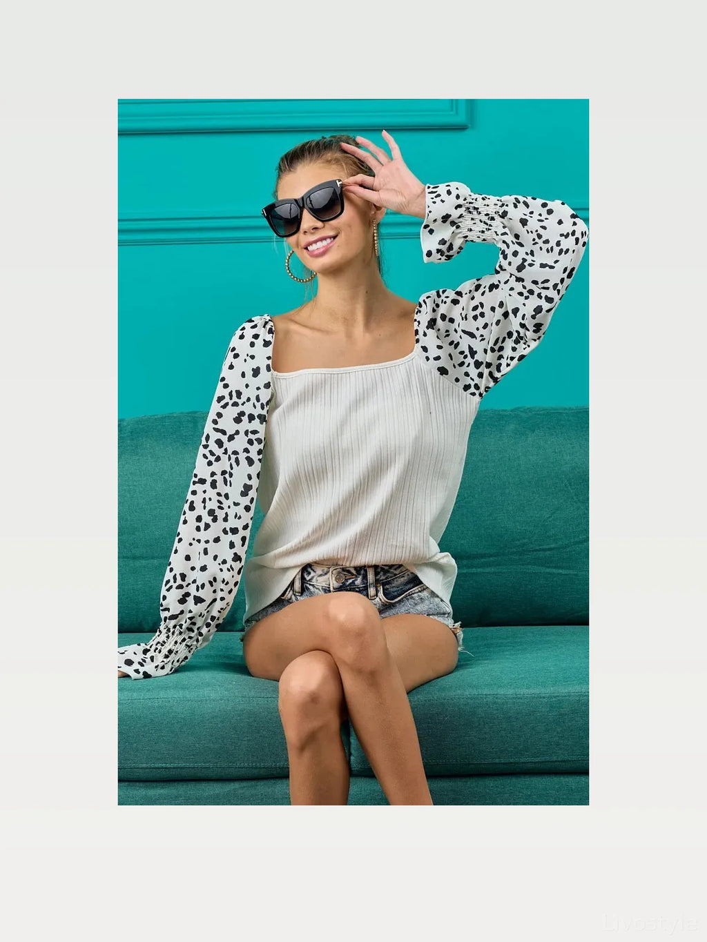Leopard Sleeve Ribbed Square Neck Long Sleeve Top in Stretch Cotton