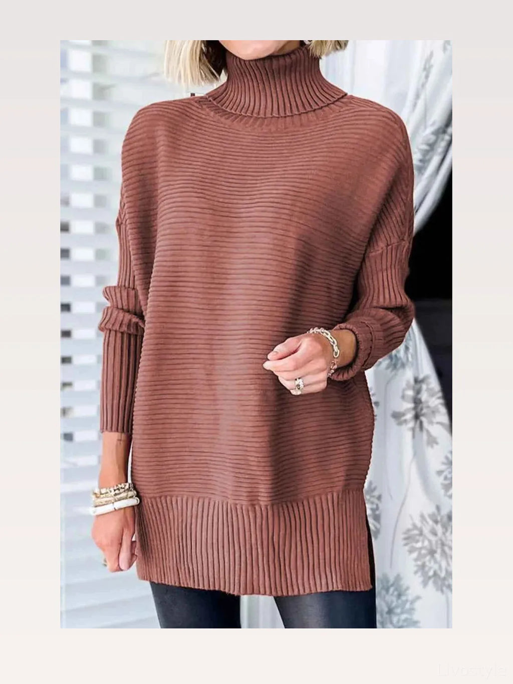 Ribbed Turtleneck Dropped Shoulder Pullover Sweater
