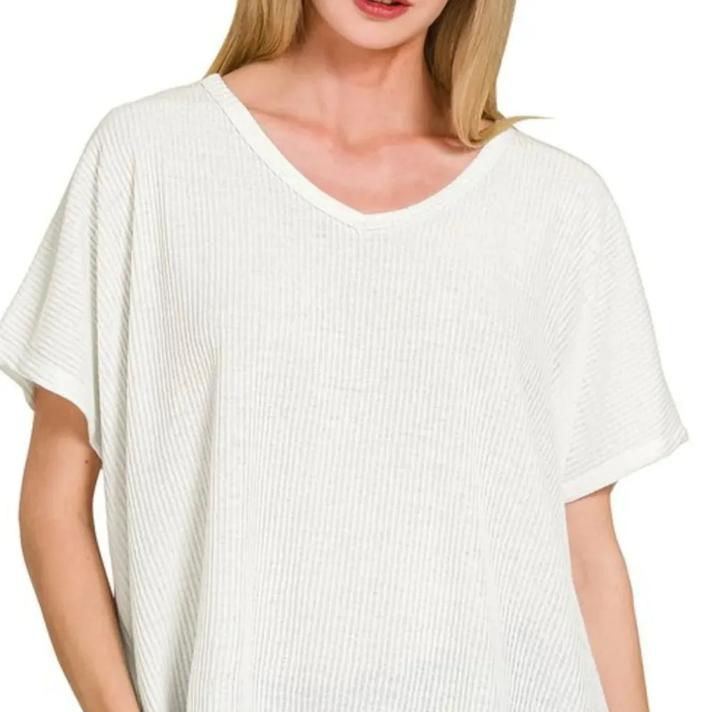 Ribbed V-Neck Short Sleeve Knit Top