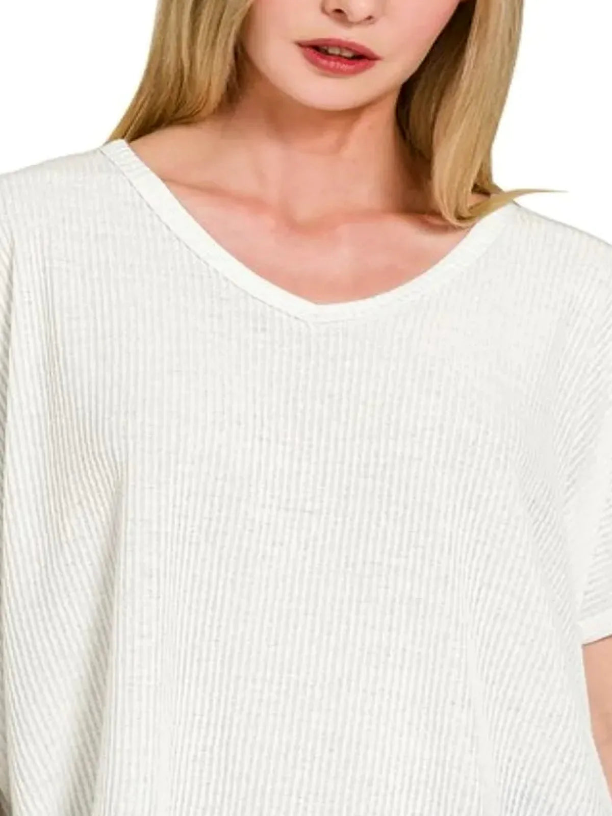 Ribbed V-Neck Short Sleeve Knit Top