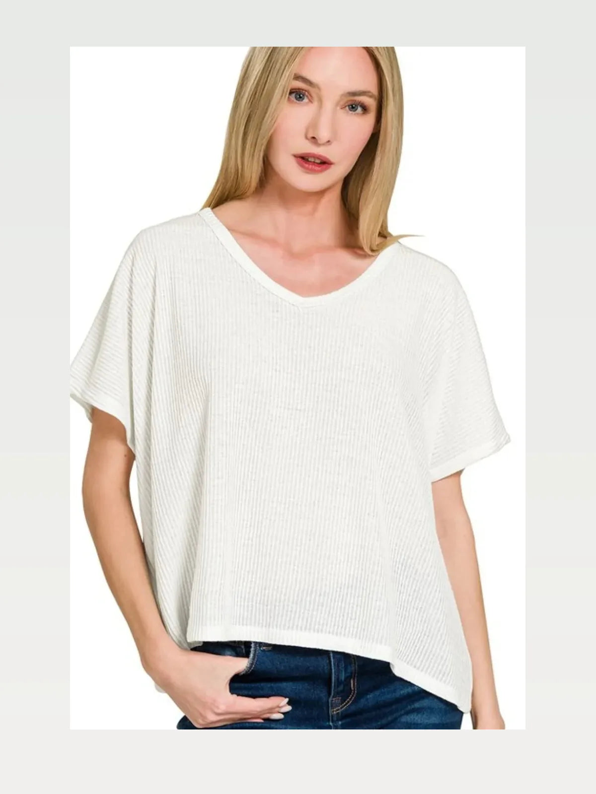 Ribbed V-Neck Short Sleeve Knit Top