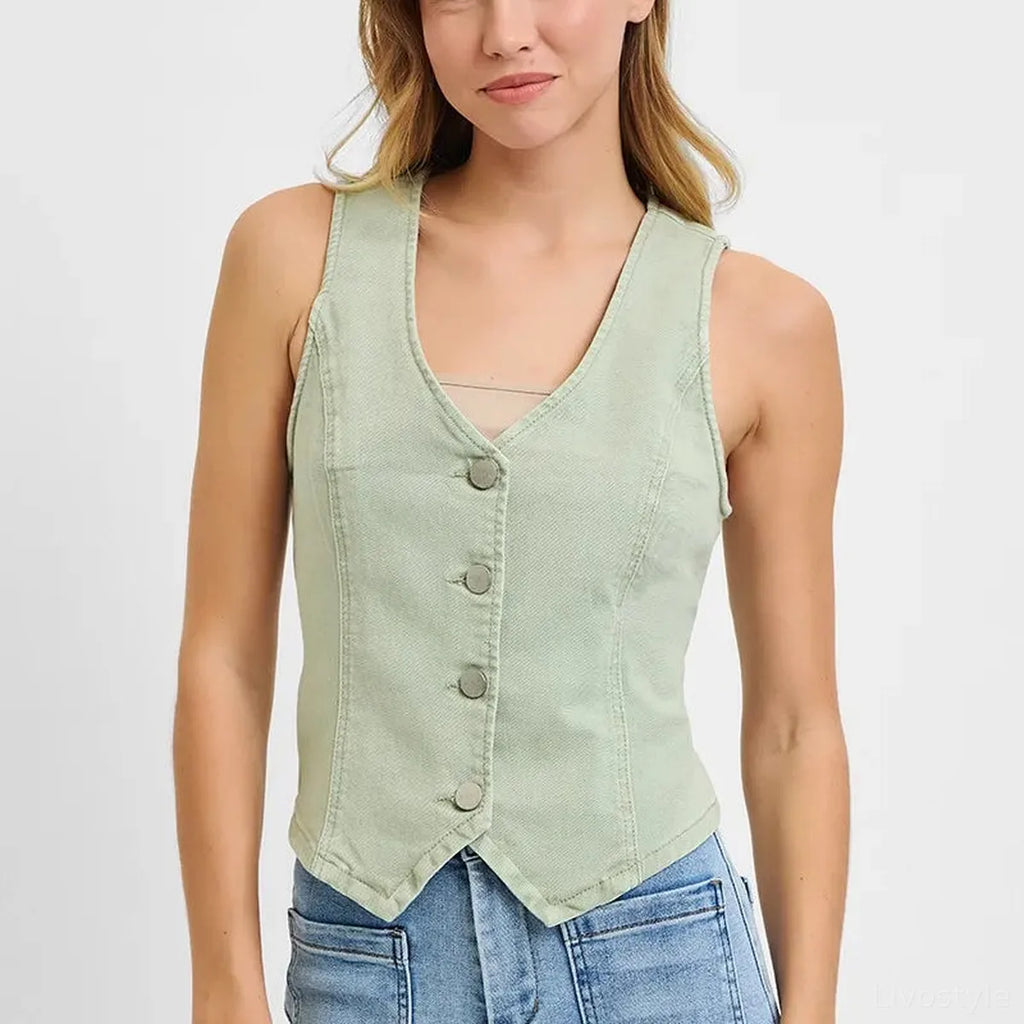 V-Neck Button Down Denim-Style Vest – Plus Size Available