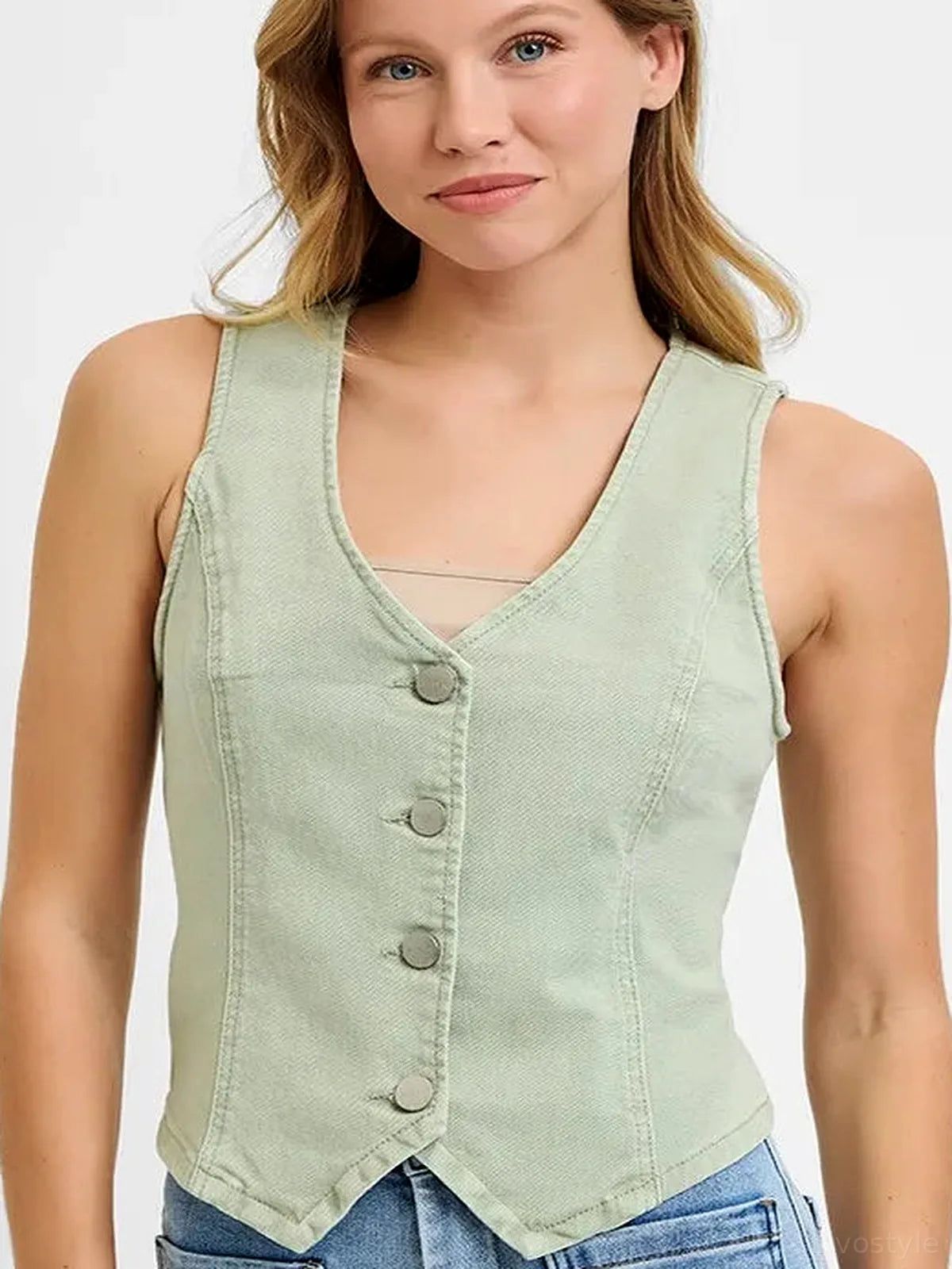 V-Neck Button Down Denim-Style Vest – Plus Size Available