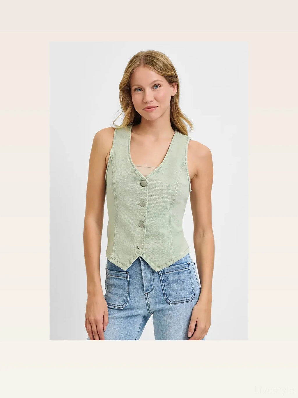 V-Neck Button Down Denim-Style Vest – Plus Size Available
