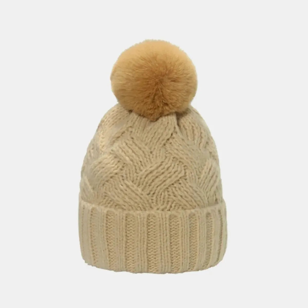Roll Rim Cable Knit Beanie with Pompom