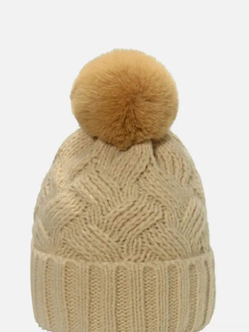 Roll Rim Cable Knit Beanie with Pompom