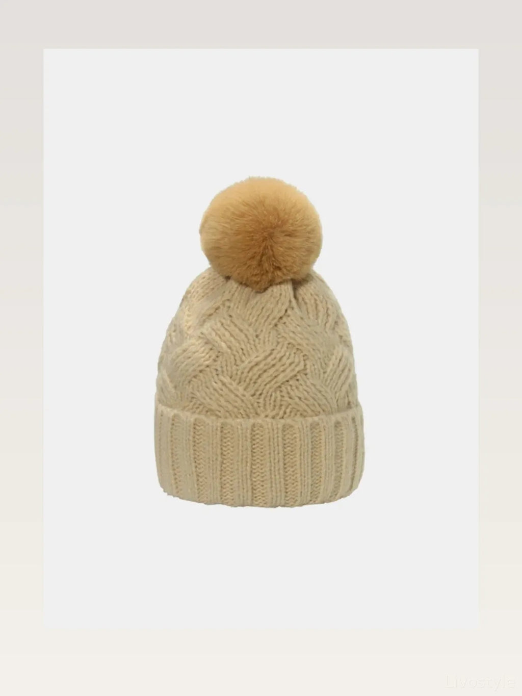 Roll Rim Cable Knit Beanie with Pompom