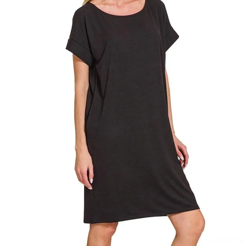 Rolled Short Sleeve Round Neck T-Shirt Dress