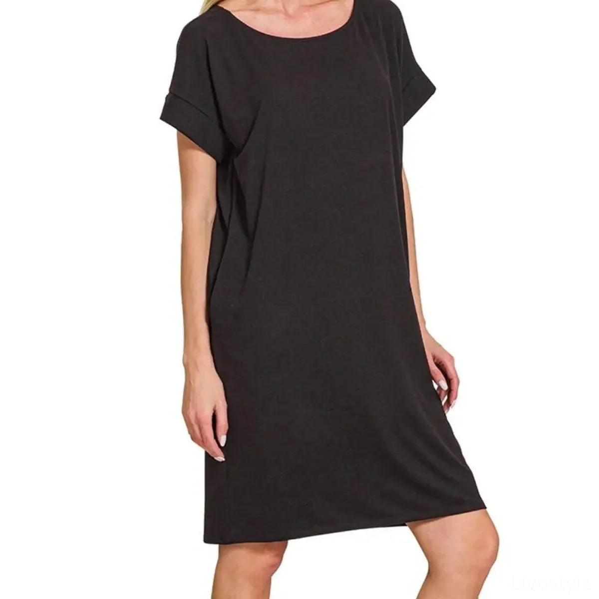 Rolled Short Sleeve Round Neck T-Shirt Dress