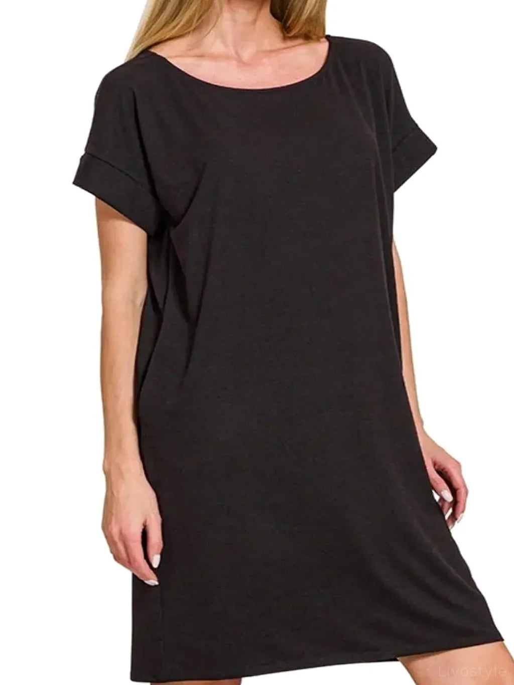 Rolled Short Sleeve Round Neck T-Shirt Dress