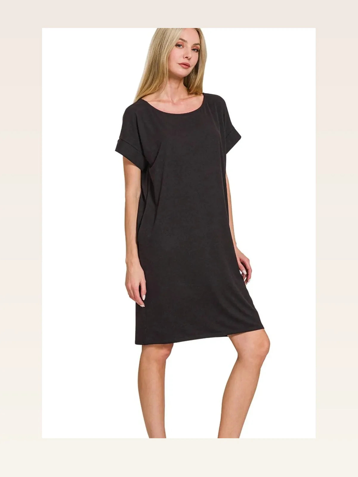 Rolled Short Sleeve Round Neck T-Shirt Dress