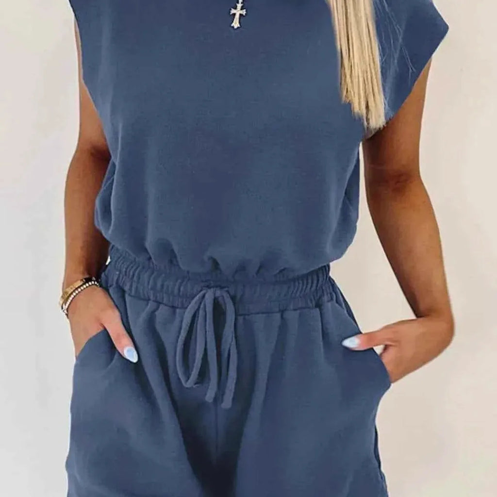 Round Neck Drawstring Waist Sleeveless Romper
