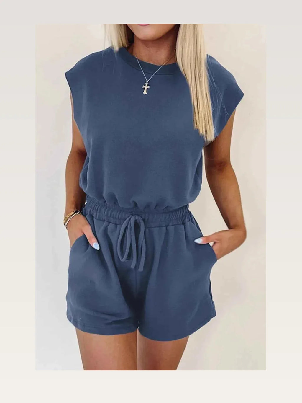 Round Neck Drawstring Waist Sleeveless Romper