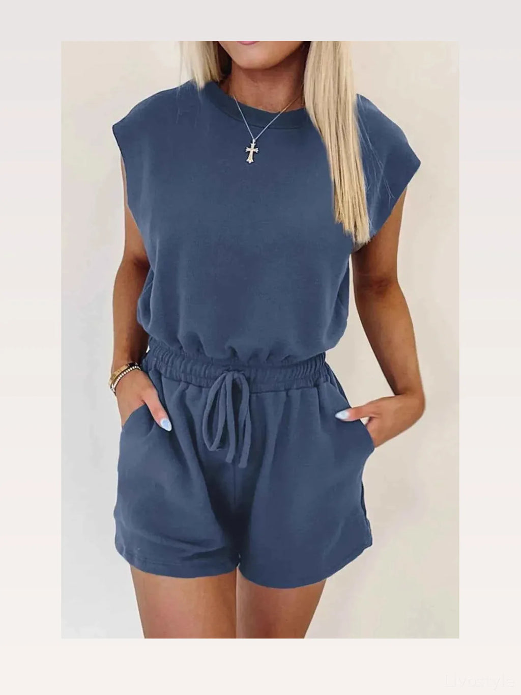 Round Neck Drawstring Waist Sleeveless Romper